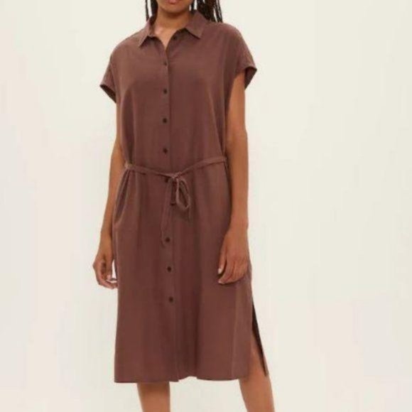 Frank And Oak Commuter Button Front Midi Dress in Brown - Picture 1 of 4